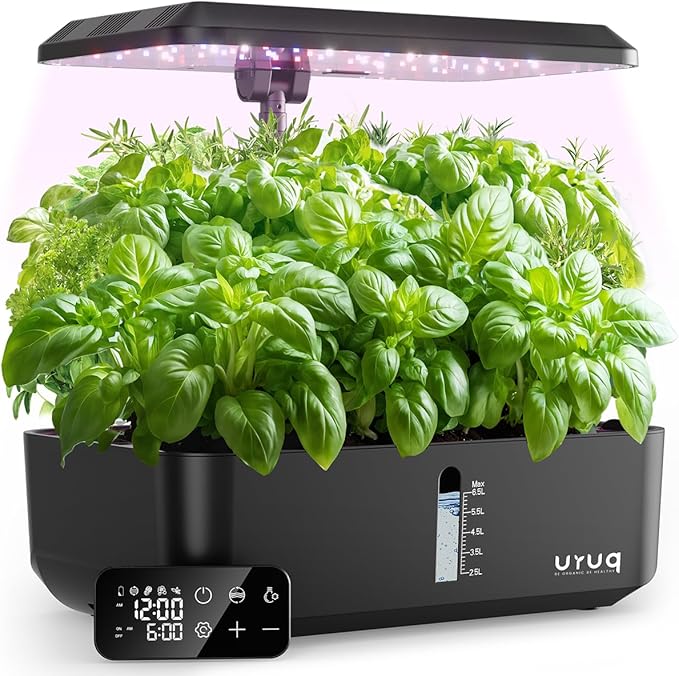 URUQ Indoor Hydroponics Growing System Kit 12 Pods Gardening System Herb Garden Custom Time with LED Grow Light Height Adjustable Quiet Plants Germination Kit - Gardening Gifts for Women Men Black