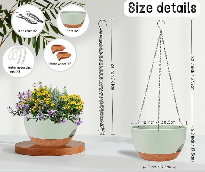 2 Pack 12" Self Watering Hanging Planters, Green Brown with Chains | Plastic hanging baskets with 43 Oz removable reservoir, for indoor outdoor plants, patio porch garden balcony decor