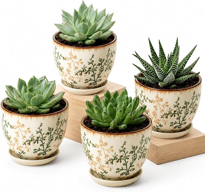 Ceramic Plant Pots, 4.8 Inch Succulent Pots, Planters with Drainage and Attached Saucer Set of 4, Vintage Floral Flower Pots for Home Decor, Plant Lover Gifts