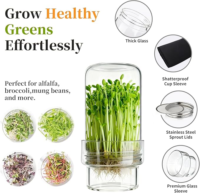 Sprouting Jar Kit, 2 Pack Wide Mouth Mason Jar Sprouting Kit with Sprout Lids, Blackout Sleeves, Drain Cover, Perfect for Home Gardeners, Health Enthusiasts & Vegan Diets