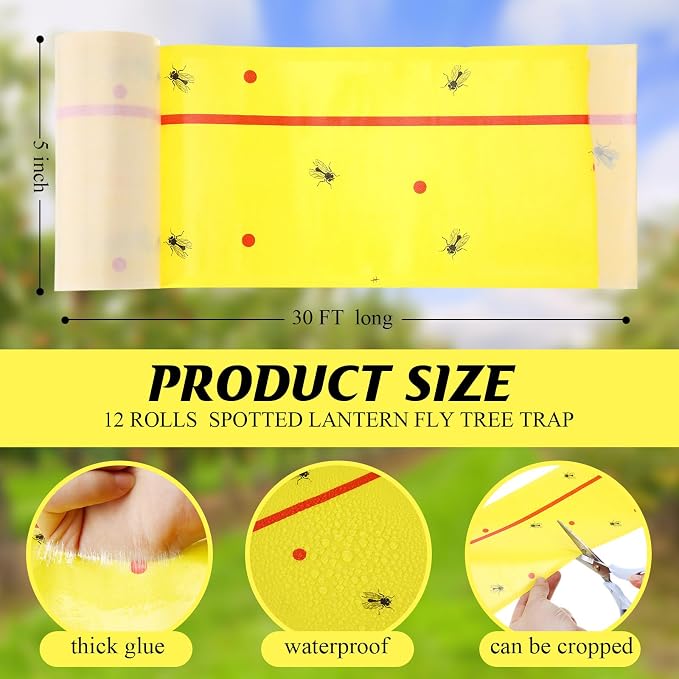 12 Rolls Spotted Lantern Fly Tree Trap 30 Feet Each Roll Lanternfly Tree Outdoor Fruit Fly Sticky Strips Paper Insect Sticky Barrier Trunk Wraps to Protect Plant, Lawn, Garden(Yellow and Red)