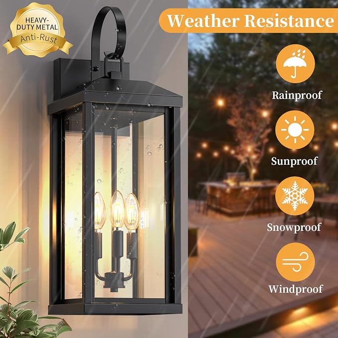 24Inch Extra Large Outdoor Sconce Light 1-Pack, Waterproof Oversized Outdoor Porch Light for House with Tempered Glass, Modern Black Exterior Lighting Fixture, Outside Coach Light for Garage