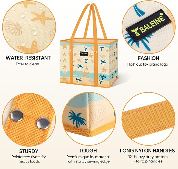 BALEINE 1Pk Reusable Grocery Bags, Foldable Shopping Bags for Groceries with Reinforced Bottom & Handles (Summer Beach-Yellow)