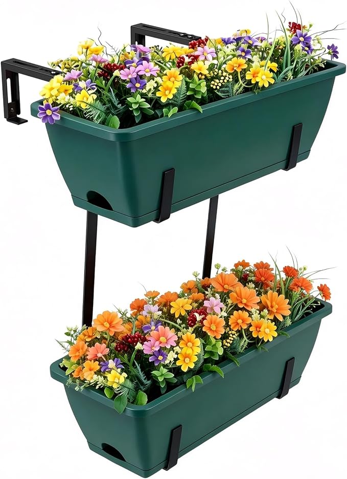Balcony Planters Railing Hanging, Deck Railings Planter Boxes 16.9in, Railing Planter Box, Deck Planters for Railings, Railing Flower Box with Metal Brackets, Black Green