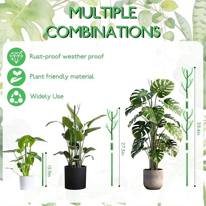 16 Pack Plant Support Stakes 27.5" | Detachable Monstera Climbing Stakes with 20 Orchid Clips & 65ft Twist Ties | Heavy Duty Garden Stakes for Indoor Outdoor Plants