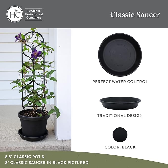 The HC Companies 6 Inch Classic Round Plant Saucer, Lightweight UV-Resistant Plastic Outdoor & Indoor Flower Pot Tray, 4-Pack Plant Pot Trays for Garden & Home Decor, Black