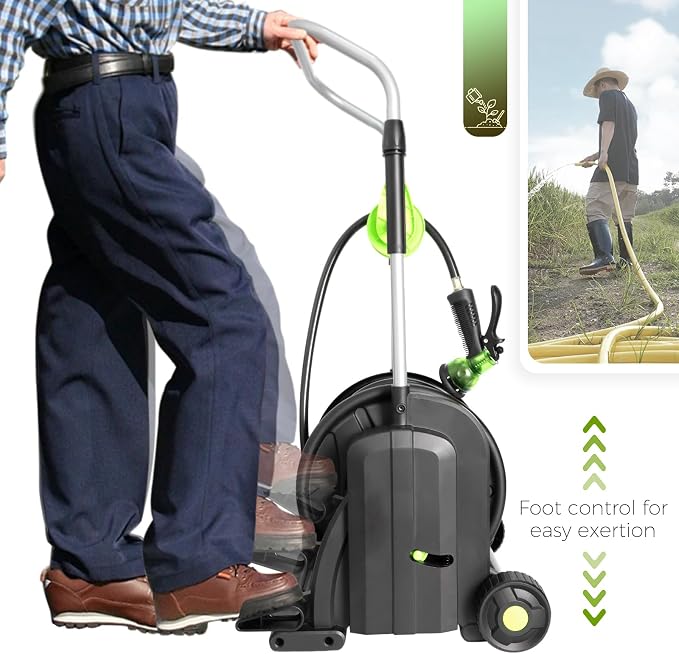 Pedal Hose Reel Cart with 82 ft of 1/2" Hose, Portable Water Hose Reel with Wheels, Garden Mobile Tools for Outside, Garden, Yard, Lawn
