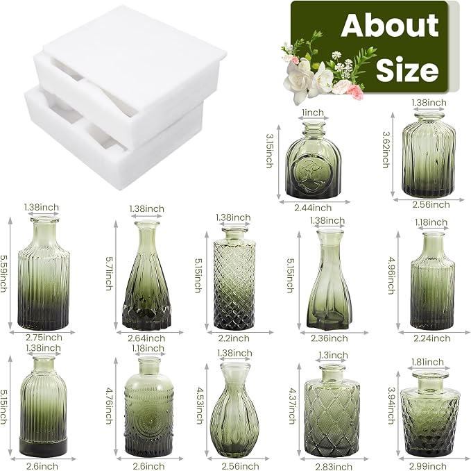 TBWIND 12pcs Green Glass Bud Vases Set, Small Vases for Flowers, Bud Vase for Centerpieces in Bulk, Mini Vintage Vase for Wedding Decorations, Office and Home Table Flower Décor