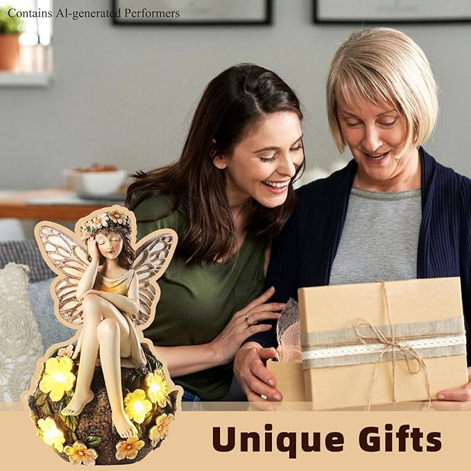 Solar Fairy Statue Sitting on the Flower Ball Light 6.8" Angel Statues for Garden Yard Patio Porch Lawn Decor Resin Fairy Figurine Outdoor Waterproof Angel Gifts for Women Mom Sister