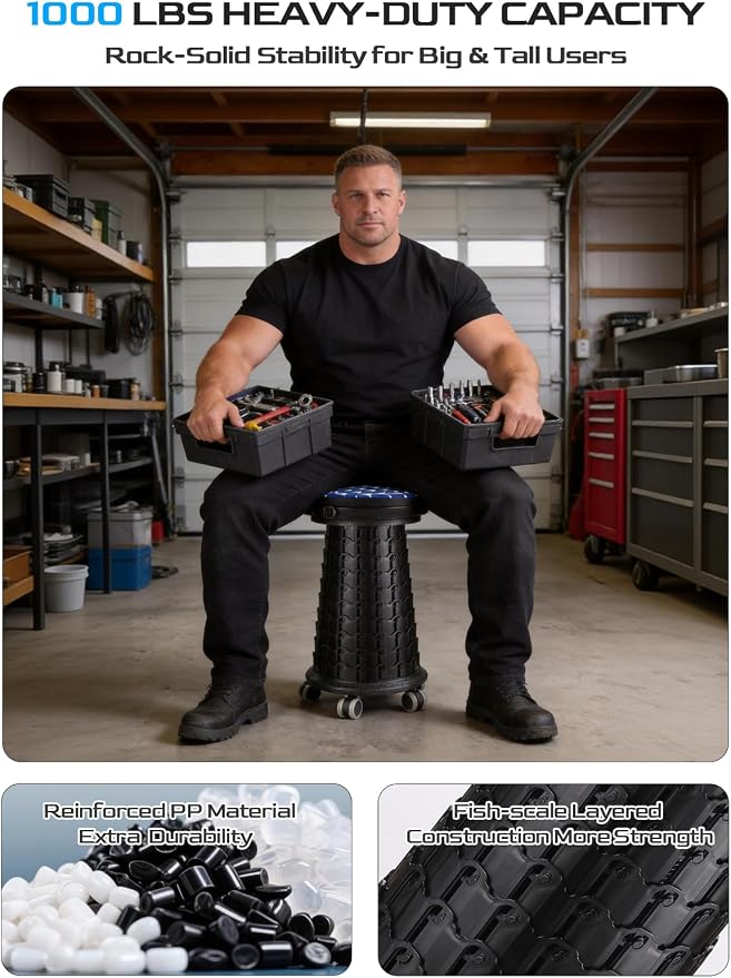 2026 Upgraded 3XL Rolling Collapsible Stool with Wheels | 1000lbs Capacity, 24-in Taller & 13-in Wider Retractable Stool for Adults, Thick Swivel Cushion & 5 Silent Casters, for Home, Garage, Kitchen