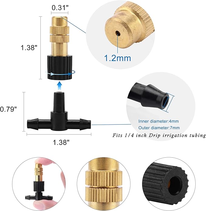 20Pcs Three-Way Atomizing Nozzle with Drip Irrigation Connector for 1/4 inch Drip Irrigation Tubing, Micro Spray Drip Irrigation Emitters, Adjustable Sprinkler Drip Irrigation Mister Kit