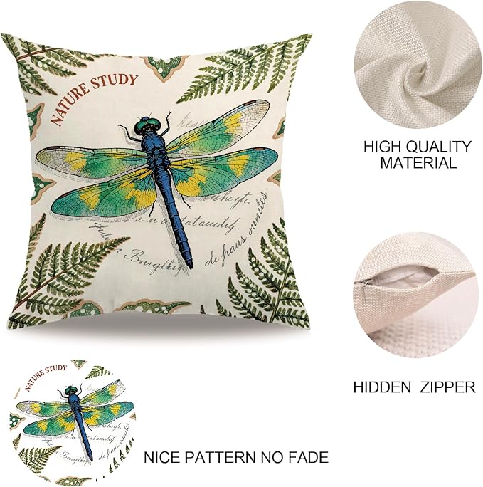 7COLORROOM Vintage Dragonfly Throw Pillow Covers 18x18 Inch,Watercolor Dragonfly Nature Theme Pillowcases Spring Country Style Home Decor Cushion Cases 4Pack,for Sofa Couch Porch Patio (Green)