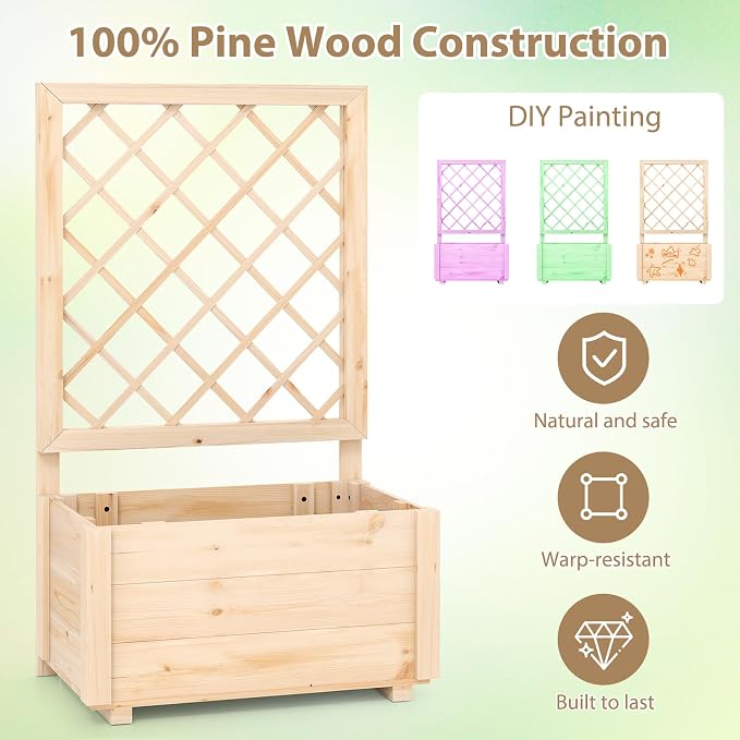 Giantex Raised Garden Bed with Trellis, Wooden Elevated Planter Box for Climbing Plants, Outdoor Garden Planter for Vegetables Flowers Herbs, Patio Balcony Planting Box, 23 x 14 x 40 Inch