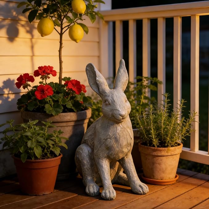 DiliComing Grey Resin Rabbit Garden Statue - 12 Inch Large Garden Statues for Home Yard Decor Garden Statues for Outside Balcony Bunny Decor for Garden Gifts