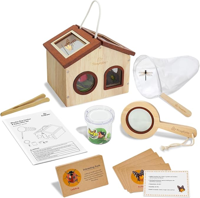 SimpliPlay Kids Bug Catching Kit, 6-in-1 Nature Discovery Kit with Breathable Wooden Critter Habitat House, 15 Insert Cards, Magnifying Glass, Butterfly Net, Summer Outside Toys, Gift for Boys & Girls