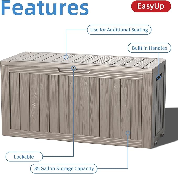 EasyUp 85 Gallon Outdoor Storage Box, Grey | Reinforced Stability, Waterproof & UV-Resistant, Resin Storage Box, Extra Seating, For Patio, Garden & Poolside