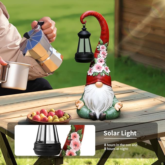 Garden Gnomes Statues Solar Lights Figurine Outdoor Lantern Lawn Porch Patio Yard Decor Balcony Home Zen Birthday Gifts for Grandma, Mom, Women, Sisters