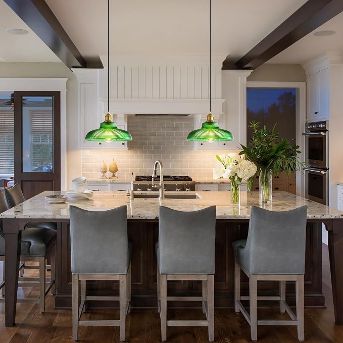 XZHGCEE Plug in Pendant Light: Hanging Light Plug in Green Glass Hanging Lamp, Pendant Lighting for Kitchen Island, Bedroom, Dining Room, Living Room, No Bulb