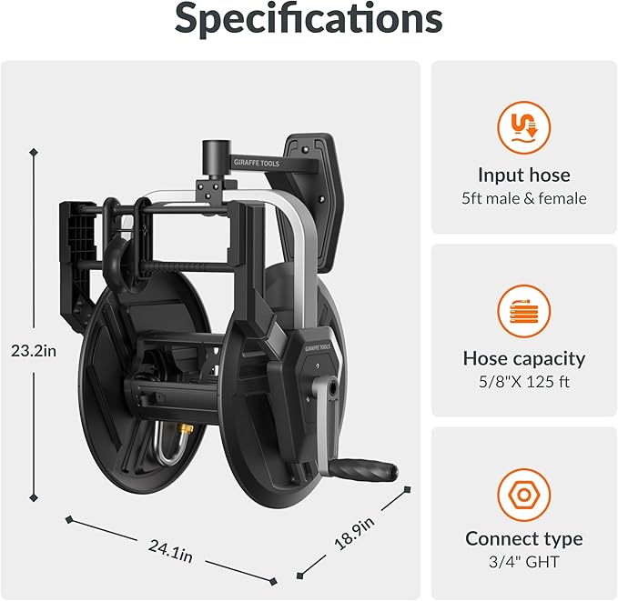 Giraffe Tools Garden Hose Reel Wall Mount, 125FT 5/8" Hose Capacity, Heavy Duty Water Hose Reel for Outside, Retractable Hose Guide with Crank, 210° Swivel, for Yard Lawn Garage