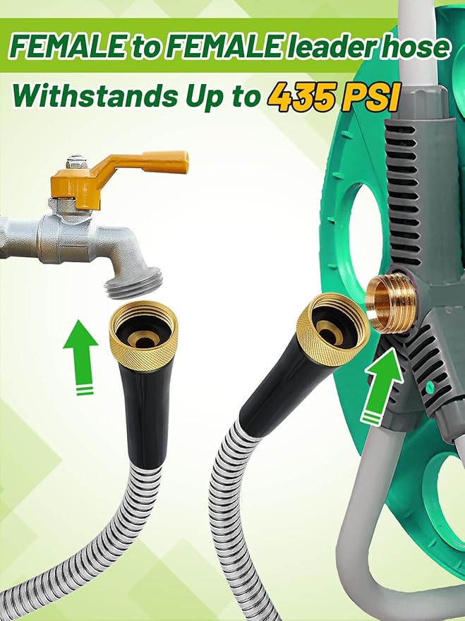 3ft Female to Female Short Garden Hose with Brass Fittings - Stainless Steel Metal Leader Hose Connector for Hose Reel, Heavy Duty & Flexible, for Outdoor Cleaning Car Pet