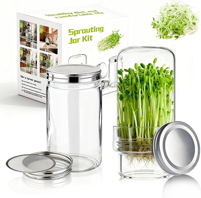Sprouting Jar Kit, 2 Pack Wide Mouth Quart Mason Jars | Broccoli, Microgreens, Alfalfa Sprout Jar | Perfect for Home Gardeners, Health Enthusiasts & Vegan Diets