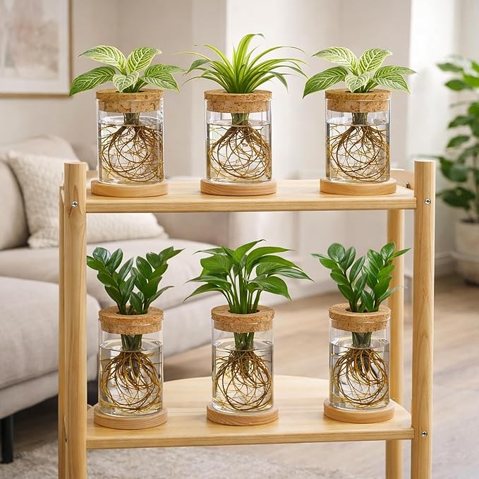 6 Pack Glass Plant Propagation Stations Hydroponic Vases with Wooden Saucer Small Glass Jar Planters Plant Station Bud Vases for Desks Home Garden Office Decorations
