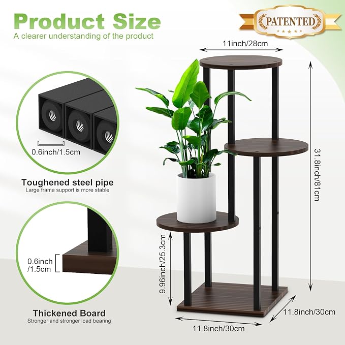4 Tier Wood Tall Plant Stand Metal Rack Indoor, Multiple Flower Pot Holder Shelves Corner Rack, Round Planter Shelf Display Rack Storage Organizer for Patio Living Room Balcony(Black+Oak)