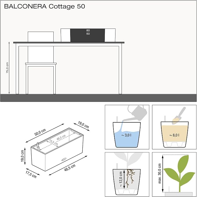 Lechuza BALCONERA Cottage 50 White, Self-Watering Window Box (Railing Planter), H7.5 L19.7 W7.5 in