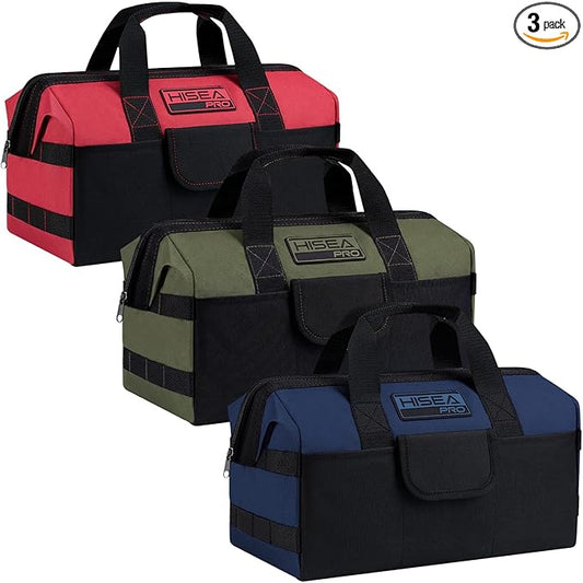 HISEA 3 Pack Heavy Duty Tool Bag with Storage Pockets, 13-Inch Tools Organizer Tote with Wide Base, Waterproof Durable Tool Bags with Zipper for Electrician, Tradesman (Red, Blue, Geen)