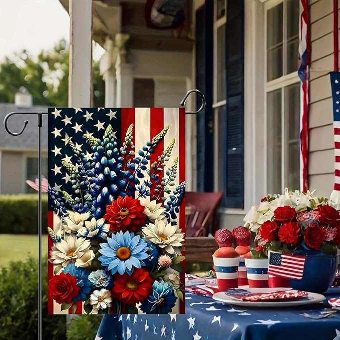 4th of July Patriotic Garden Flags 12x18 Double Sided, Small Burlap Summer Memorial Day Independence Day Floral Garden Flag Fourth of July Decorations Outdoor Yard Flags for Outside Lawn Porch Decor