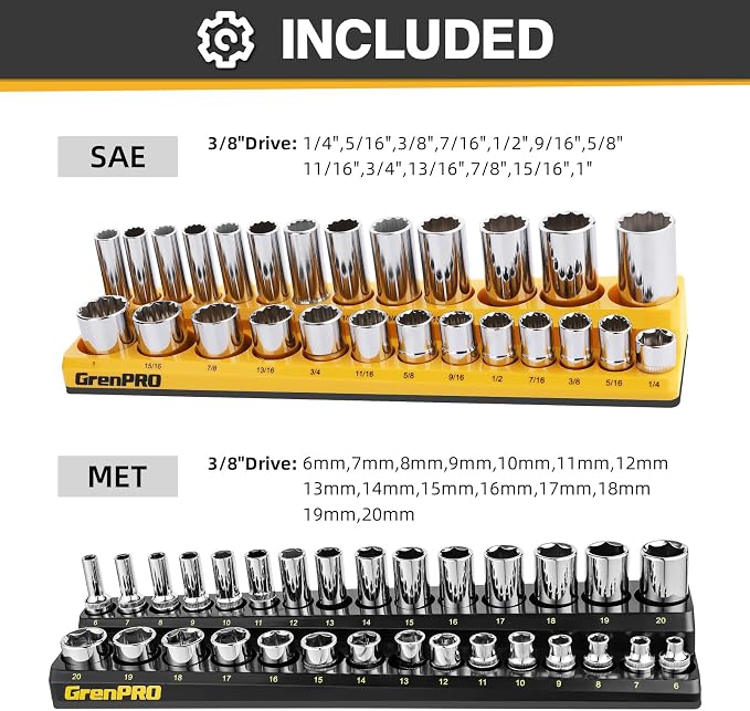 Socket Organizer, GRENPRO Socket Holder Set, 2 Piece SAE & Metric Socket Trays Includes 3/8" Drive Holds 52 Sockets