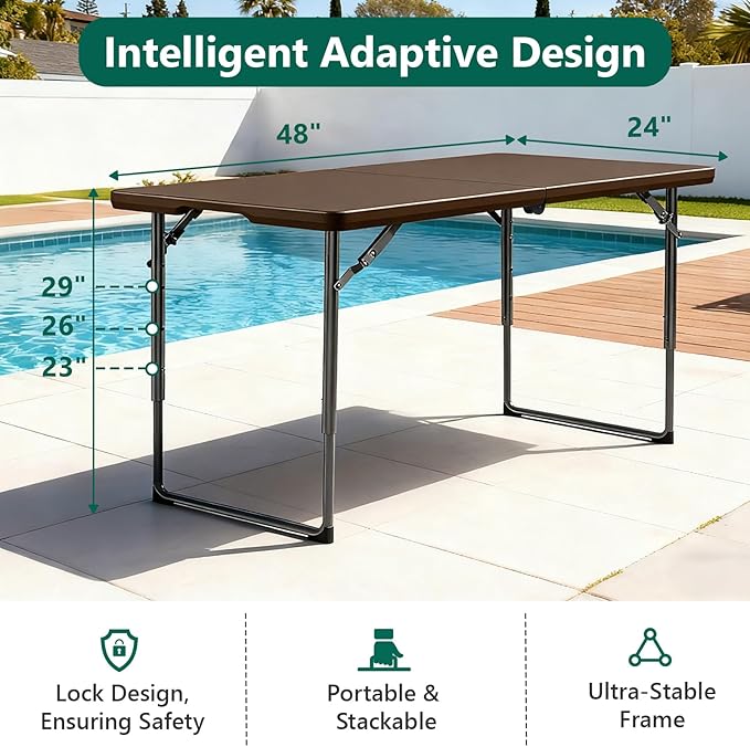 Folding Table 48" x 24" - Heavy Duty Fold-in-Half Plastic Table with Adjustable Height, Portable Utility Tables with Steel Legs for Indoor, Outdoor, Picnic, Camping, Dining, Party (Brown)