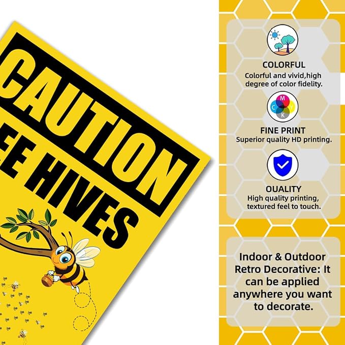 EMOHAT Caution Bee Hives Protection Required Metal Tin Sign, Beekeeping Apiary Warning Sign, 16x12 Inch Rustic Outdoor Theme Decor for Shed Garden Home Office