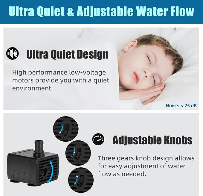 DaToo DC 5V USB Water Pump For Fish Tank 3W Mini Submersible Water Pump With Tubing And Flow Adjustment Function Small Fountain Pump For Pet Fountain Aquarium Hydroponics Desktop Fountain 190L/H