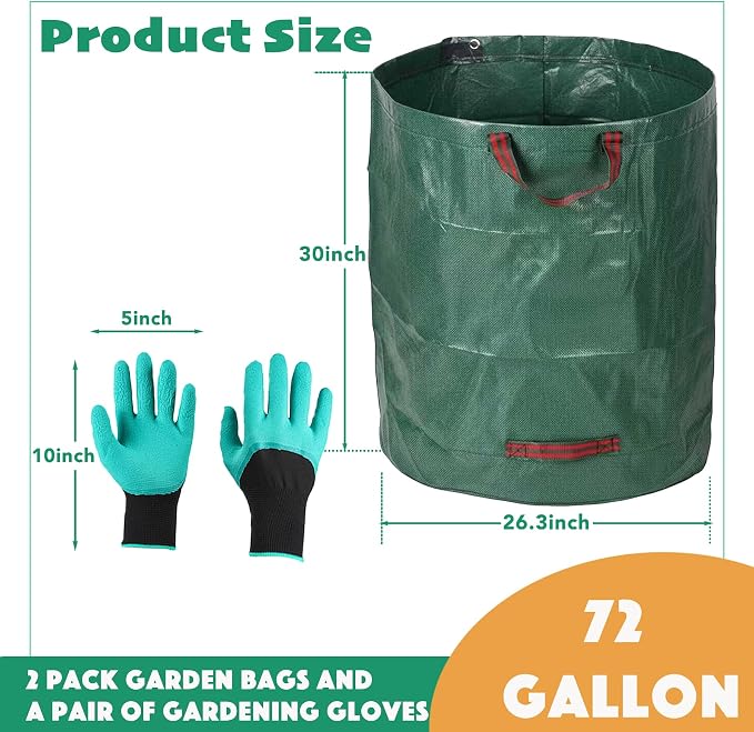 72 Gallon Yard Waste Bags with 1 Pair Garden Gloves, 2 Pack Leaf Bags Reusable with Reinforced Handles, Heavy Duty Lawn Trash Bag for Party and Camping Trash Recycling