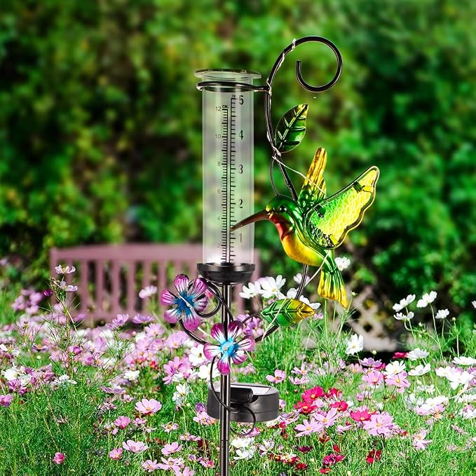 Hummingbird Rain Gauge with 5 Inch Glass Tube, Solar Rain Gauge with LED Lights Rain Water Gauge Decor for Patio, Garden Yard, Measuring Precipitation