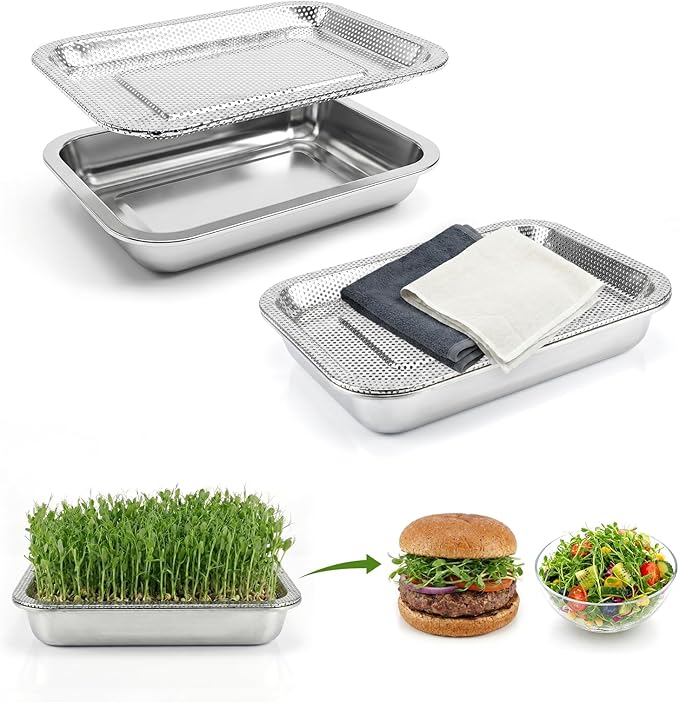 2-Pack Stainless Steel Seed Sprouting Tray Kit, Soil-Free Microgreens Growing Kit with Towel & Gauze, Sprouting Trays for Microgreens Beans Alfalfa Broccoli Wheat Grass (10.6" x 7.8")