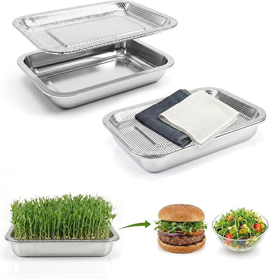 2-Pack Stainless Steel Seed Sprouting Tray Kit, Soil-Free Microgreens Growing Kit with Towel & Gauze, Sprouting Trays for Microgreens Beans Alfalfa Broccoli Wheat Grass (10.6" x 7.8")