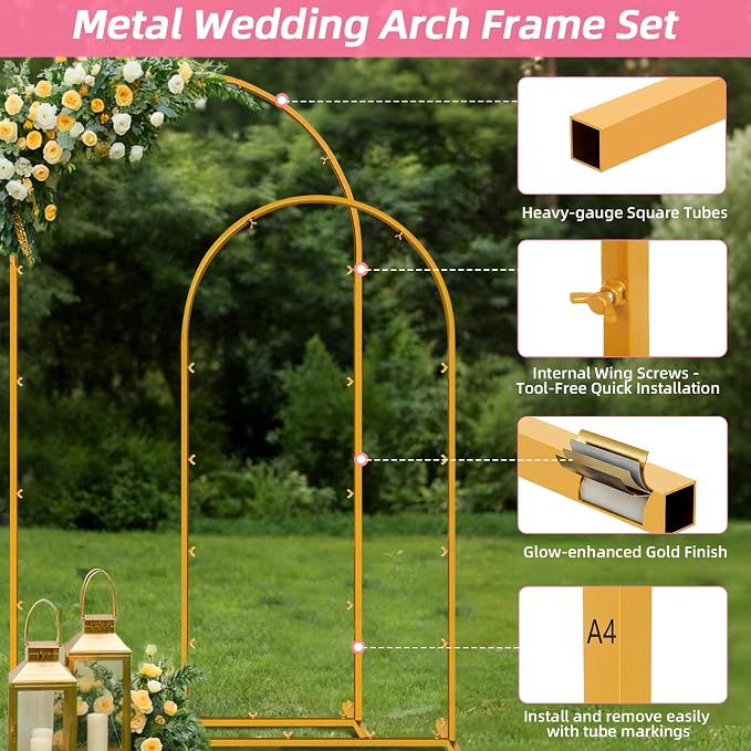 Metal Arch Backdrop Stand, 7.2FT+6FT Wedding Arches Frame, Gold Wedding Arch Backdrop Stand Set of 2, Balloon Arch Backdrop for Wedding Party Decor Birthday Baby Shower Graduation