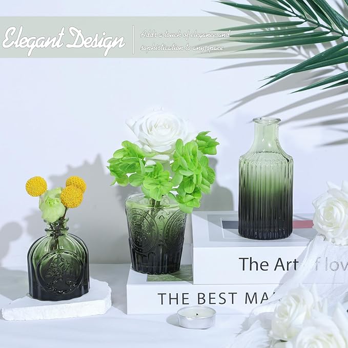 TBWIND Glass Bud Vase Set of 24, Small Green Flower Vases for Centerpieces in Bulk, Mini Vintage Vase for Wedding Decor, and Home Table Décor