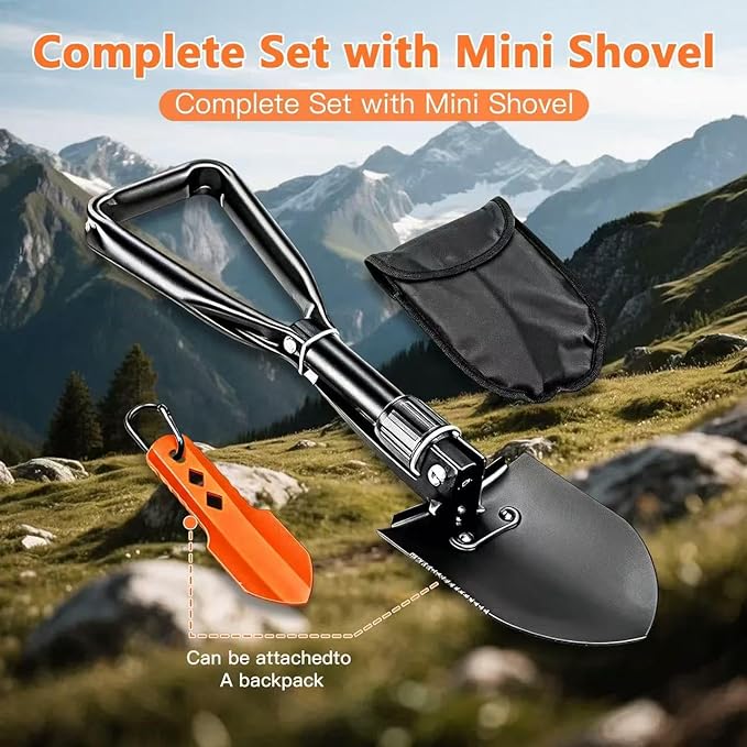 Camping Shovel Set, 3-in-1 Ultra-Light Aluminum Mini Shovel & 18.5'' Folding High Carbon Steel Shovel Ideal for Gardening, Hiking, Camping, Backpacking, Survival（Black）