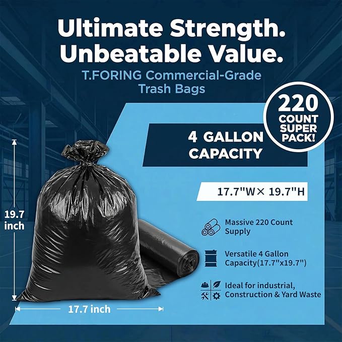 Small Trash Bags 4 Gallon Heavy Duty, 0.94 Mil, Black, 220 Count | 15 Liter Garbage Bag, Plastic Waste Basket Can Liners, Unscented, Leakproof, Tear Resistant, for Bathroom Office Car Bulk