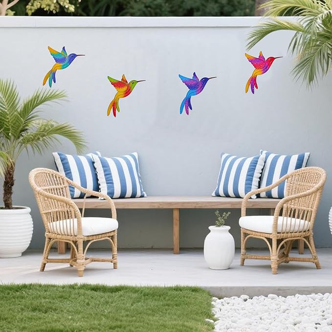 Metal Hummingbird Wall Decor - 4 Pcs Outdoor Fence Birds Art Decoration Hanging Decorations for Garden Yard Patio Balcony Exterior