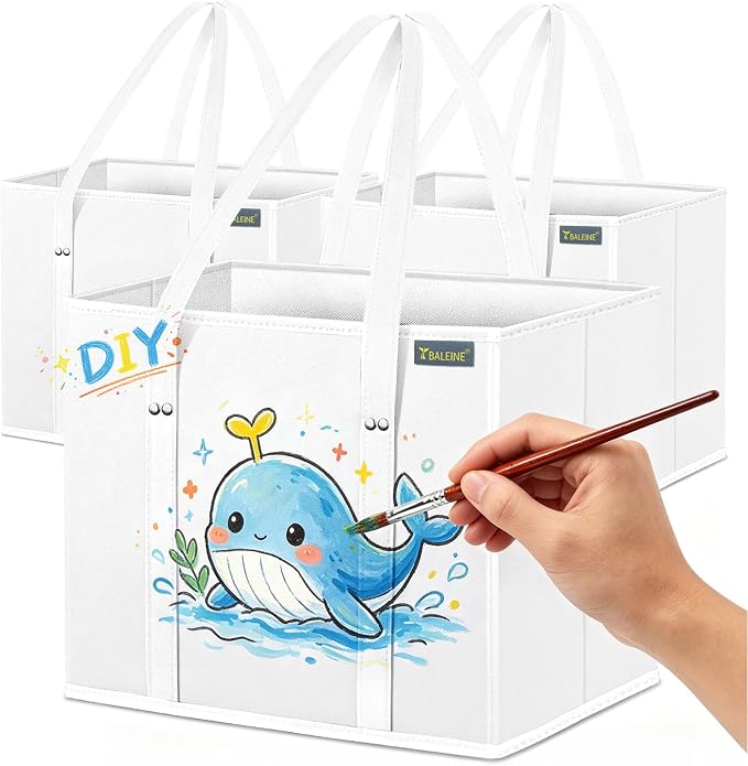 BALEINE 3Pk Reusable Grocery Bags, Foldable Shopping Bags for Groceries with Reinforced Bottom & Handles (White)