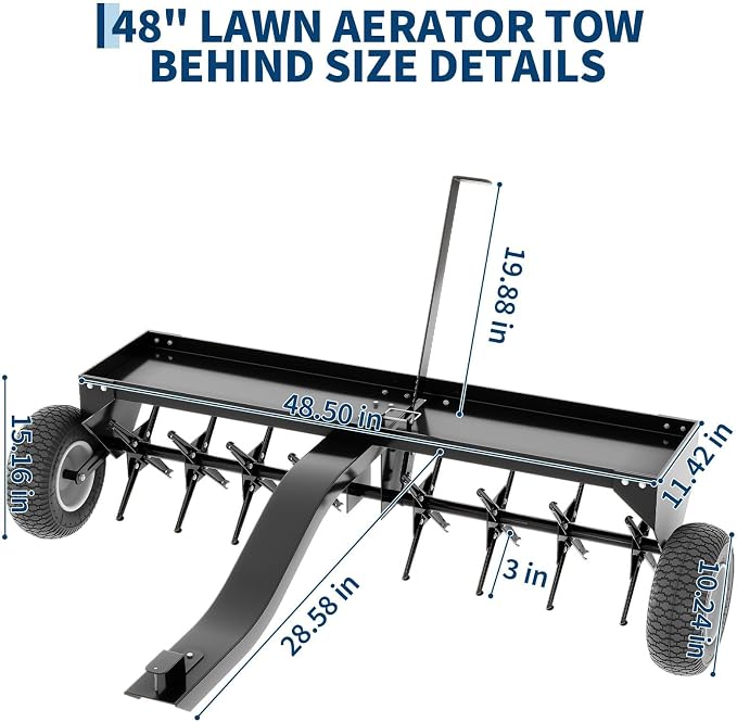 48 Inch Tow Behind Lawn Plug Aerator,100LBS Capacity Yard Aerator with Universal Hitch &10" Tires, Heavy Duty Aerator Lawn Tool Tow Behind, Steel Core Aerator for Garden Farm Yard Lawn Care