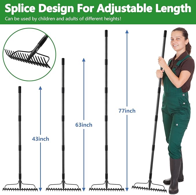 63 inch Bow Rake, 2-in-1 Metal Garden Lawn Rake for Weeding Digger Loosening Soil Raking Leaf Leveling Rocks Spreading Mulch Gravel 17 Tines Adjustable Garden Rake