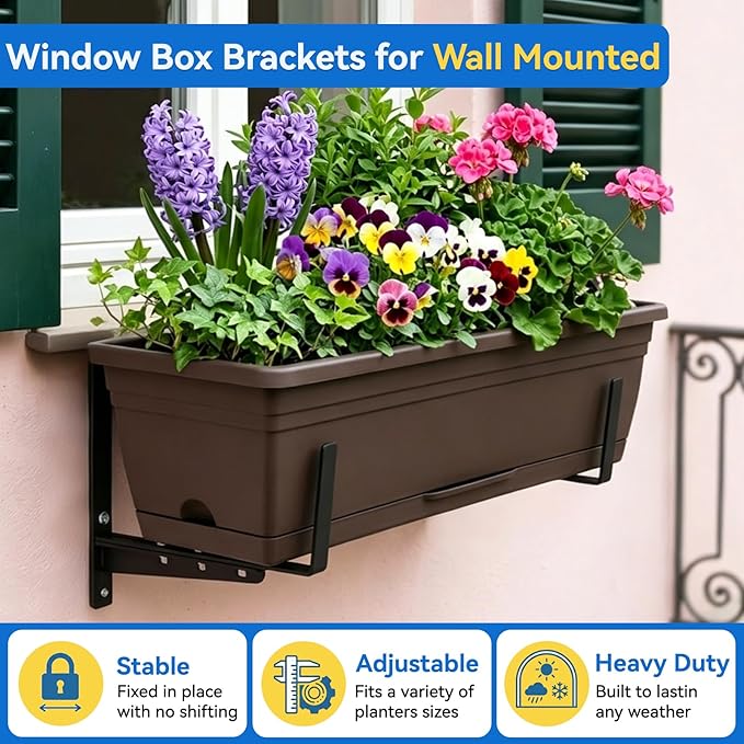 Halatool Railing Planter Box Brackets Outdoor, 4 Pack Adjustable Flower Planter Window Box Brackets, Heavy Duty No Drill Window Box Brackets with 66 lb Capacity for Railings Balcony Porch Fence