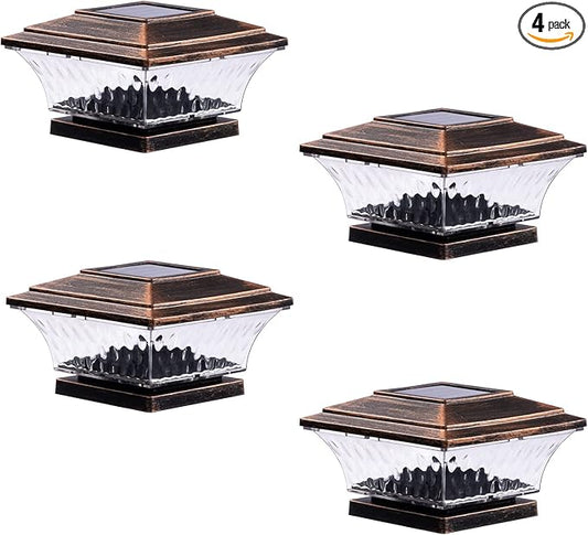 HUYIENO Solar Post Cap Lights Outdoor LED Lighting Deck Fence Cap Light Two Light Modes Warm White/Bright White Suitable for 4x4 Wooden Posts Brushed Copper 4PK