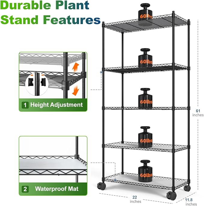 Indoor Greenhouse with Grow Light - 5 Tier DIY Plant Shelf with Cover, 4 Pack 48W Full Spectrum Grow Lights with Timer & 3 Color Mode for Indoor Plants, Seed Starting, Seed Tray 22x11.8x61 Inches