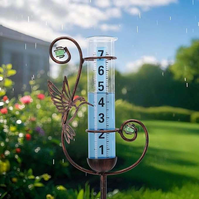 WONDER GARDEN Rain Gauge Outdoor, Decorative Hummingbird Rain Gauges Outdoors Best Rated, Freeze Proof Glass Water Rain Measure Gauge with Green Bead for Yard Patio Lawn Decor